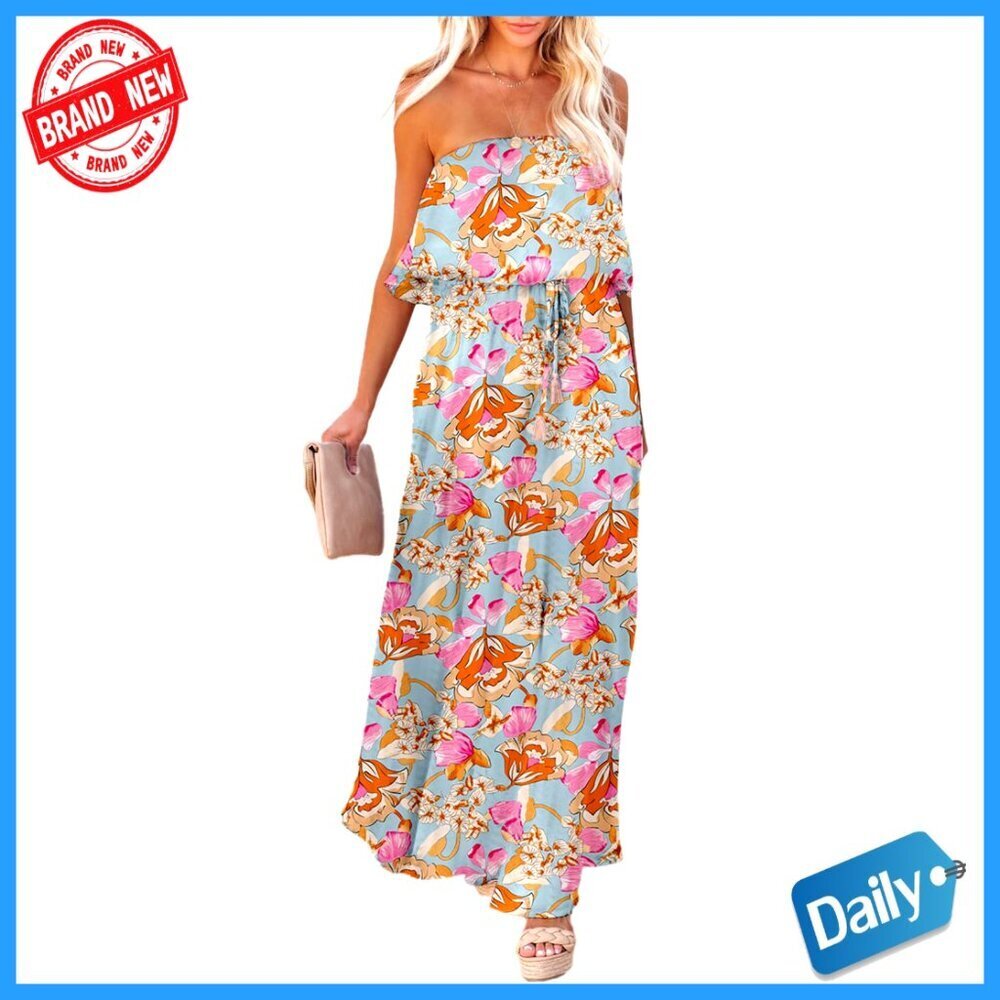 Strapless Maxi Dress High Waist Side Split Flowy Boho Summer Casual
